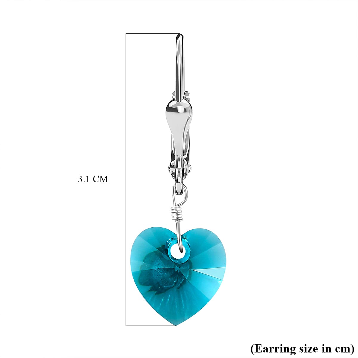 Blue Zircon Crystal Lever Back Heart Earrings in Sterling Silver