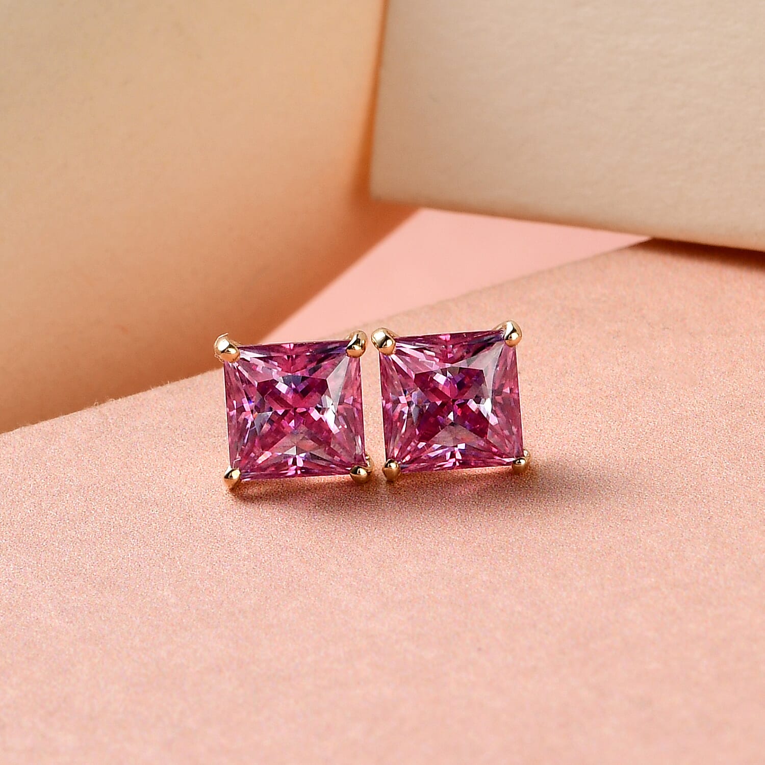 9K Yellow Gold AA Pink Moissanite Solitaire Stud Push Post Earring (With Push Back) 2.28 ct