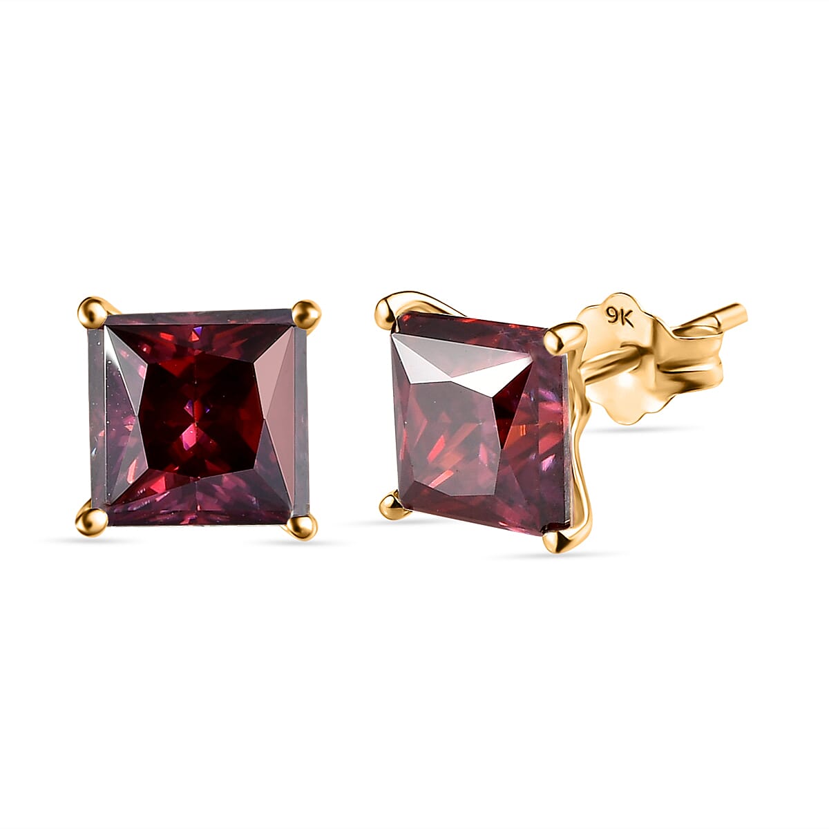 9K Yellow Gold Red Moissanite (Princess Cut) Stud Earrings (with Push Back) 2.29 Ct.