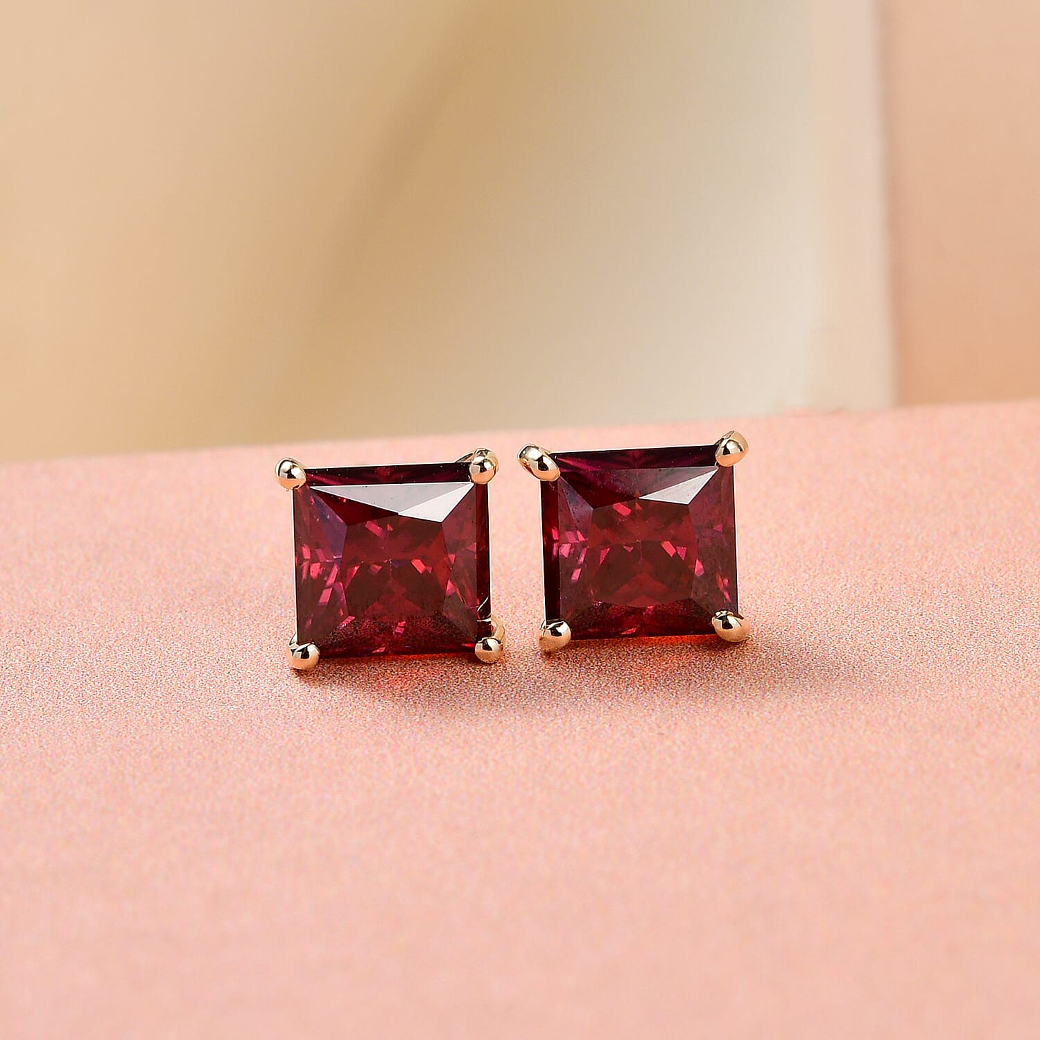 9K Yellow Gold Red Moissanite (Princess Cut) Stud Earrings (with Push Back) 2.29 Ct.