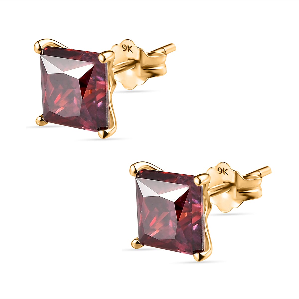 9K Yellow Gold Red Moissanite (Princess Cut) Stud Earrings (with Push Back) 2.29 Ct.