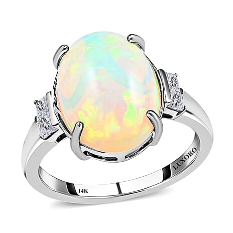 Certified and Appraised 14K White Gold AAA Ethiopian Opal and Diamond I2 Solitaire Ring Gold 3.66 grams, 3.90 Ct