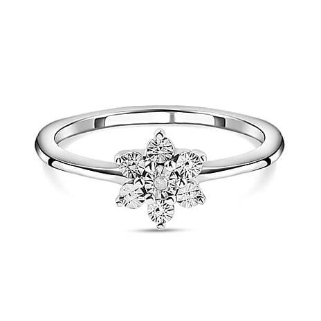 Diamond Floral Ring in Platinum Overlay Sterling Silver 0.006 Ct