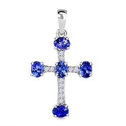 9K White Gold AA Tanzanite and Moissanite Cross Pendant 1.01 Ct