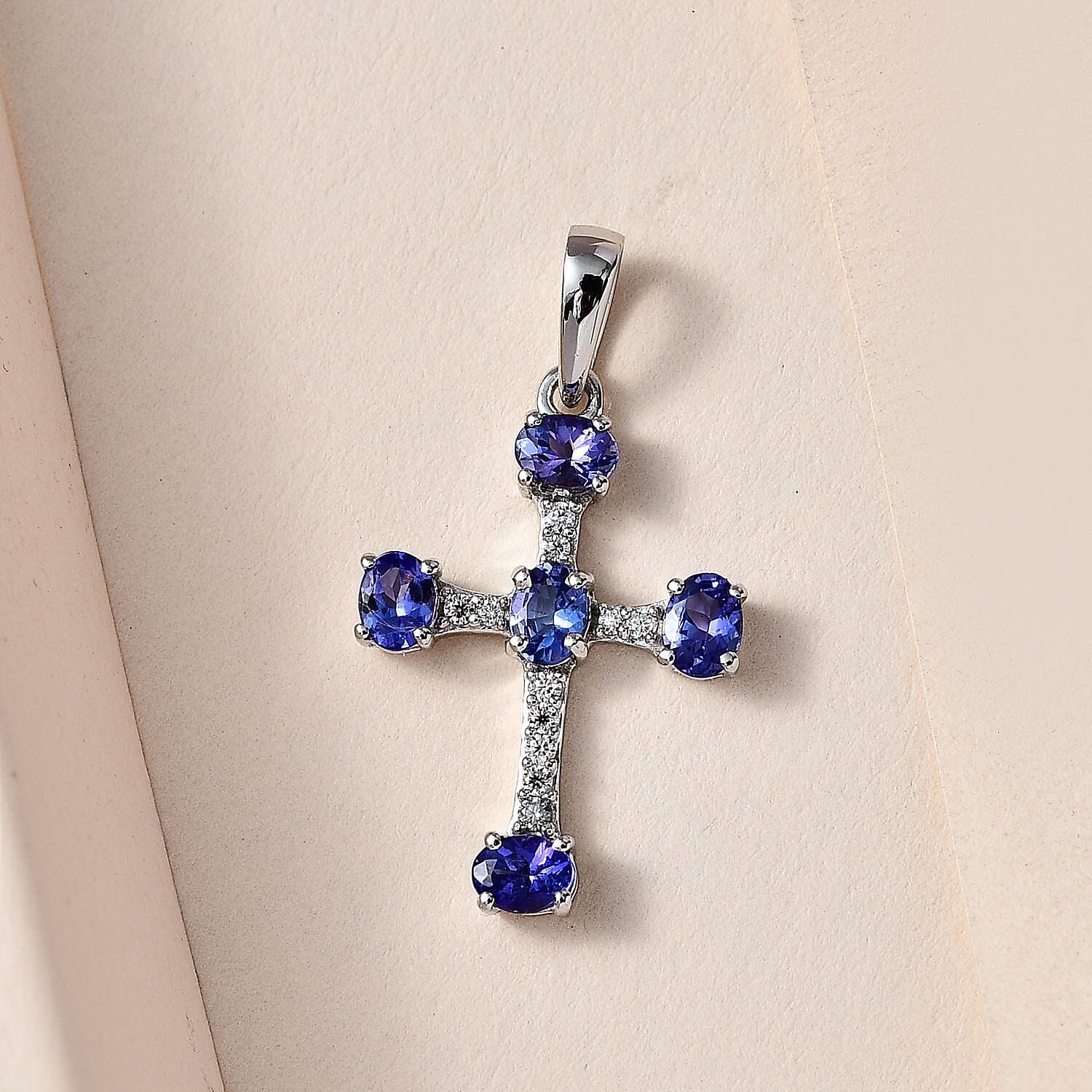 9K White Gold Tanzanite and Moissanite Cross Pendant 1.00 Ct.