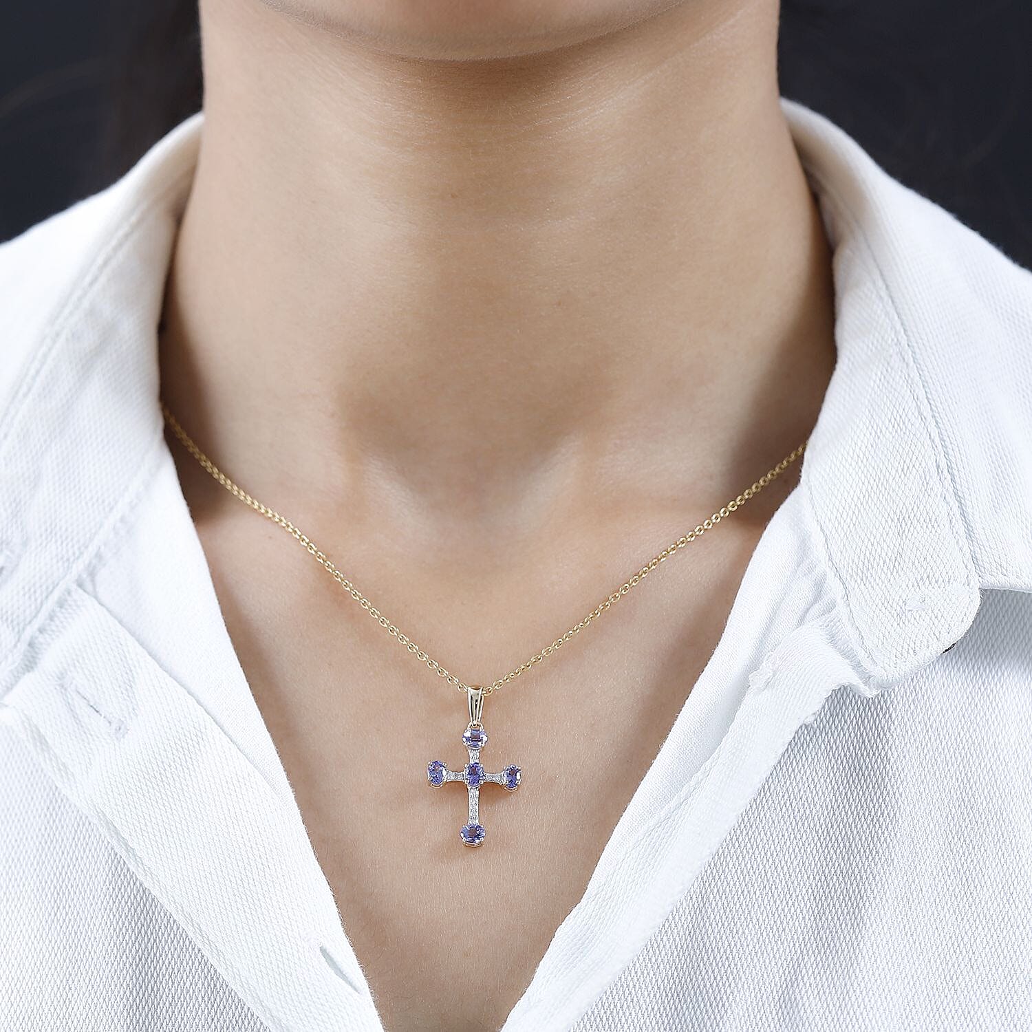 9K Yellow Gold Tanzanite and Moissanite Cross Pendant 1.00 Ct.