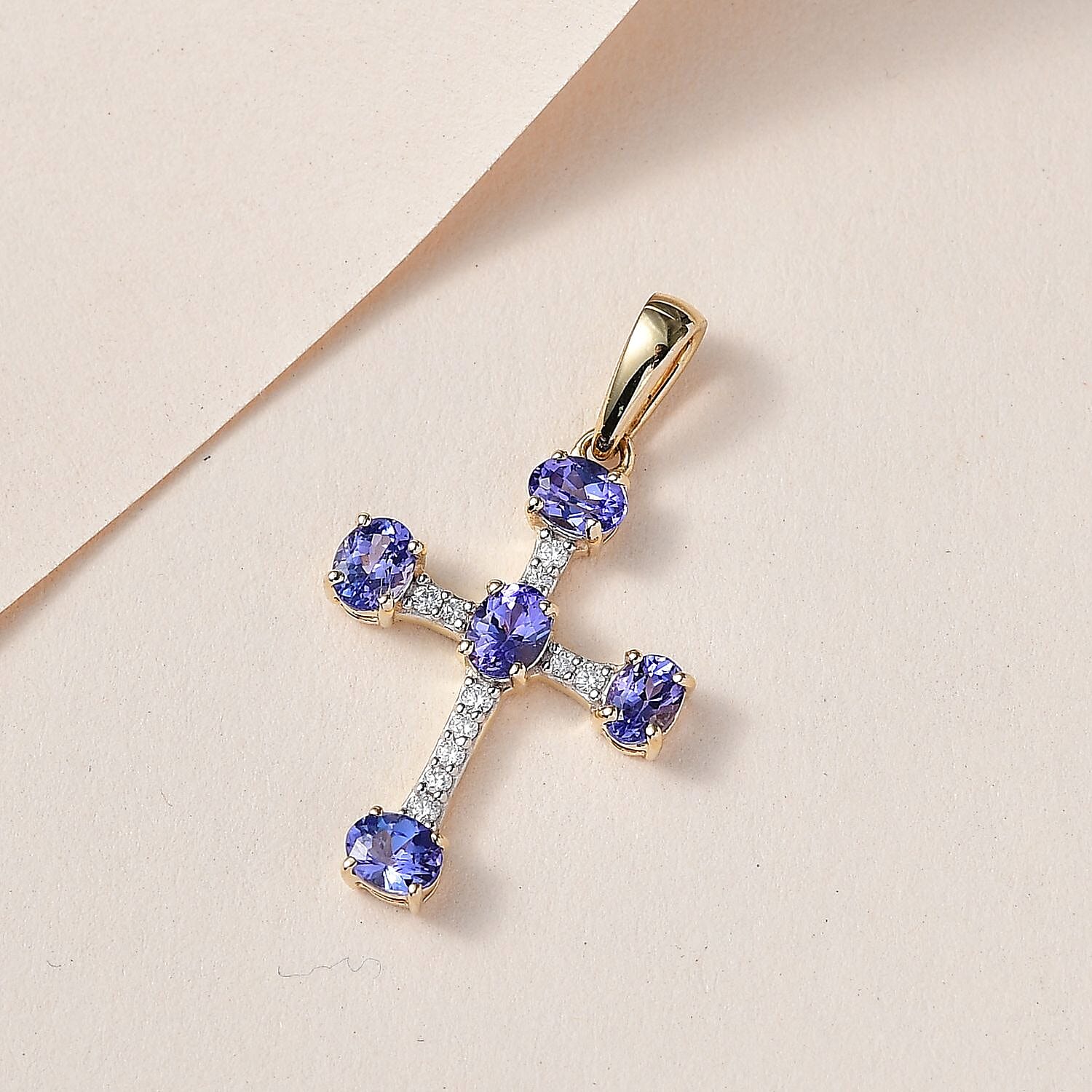 9K Yellow Gold Tanzanite and Moissanite Cross Pendant 1.00 Ct.