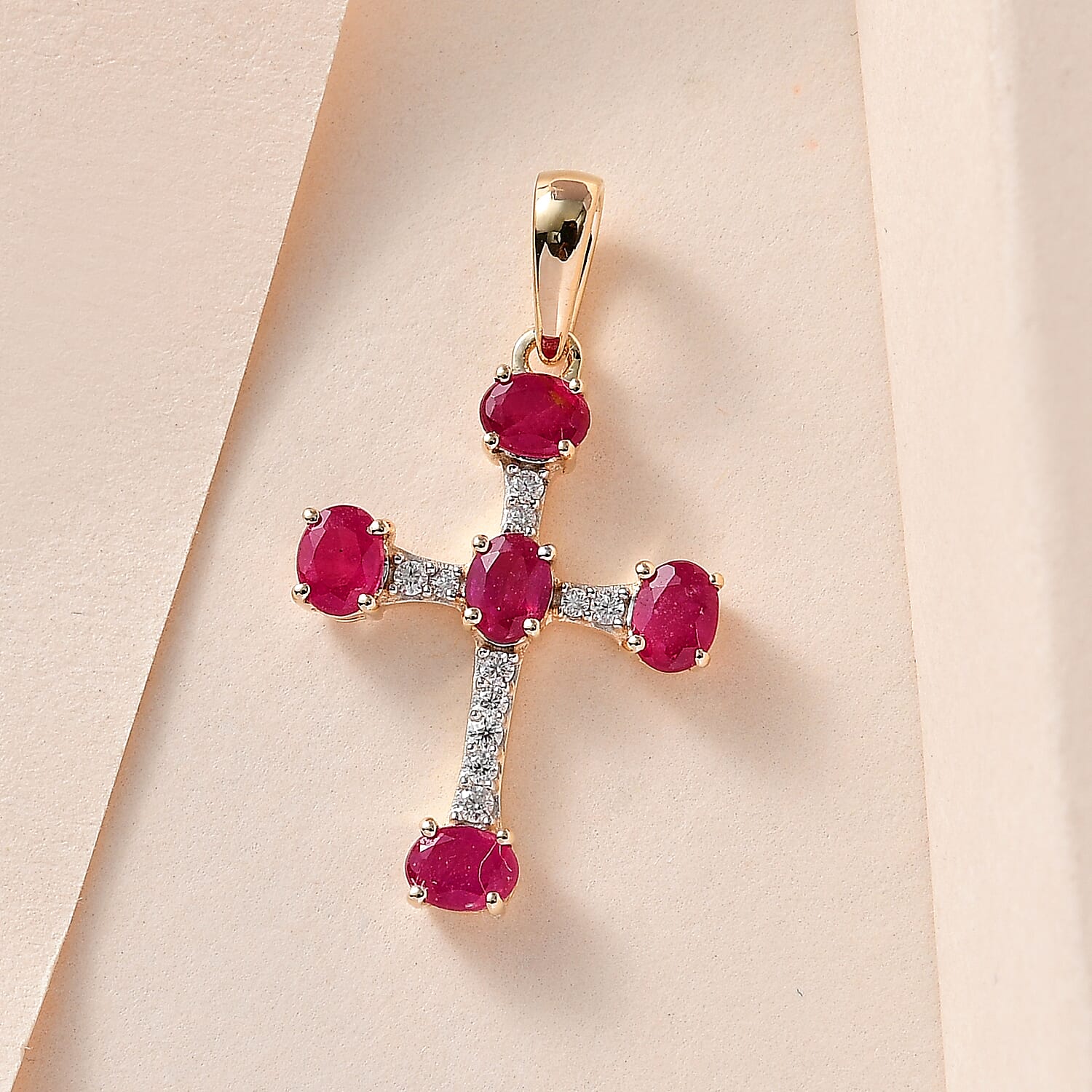 9K Yellow Gold AA African Ruby (FF) and Moissanite Cross Pendant 1.43 Ct.