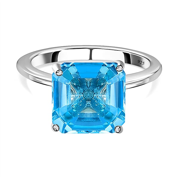 Skyblue Topaz (Asscher Cut) Solitaire Ring in Platinum Overlay Sterling ...