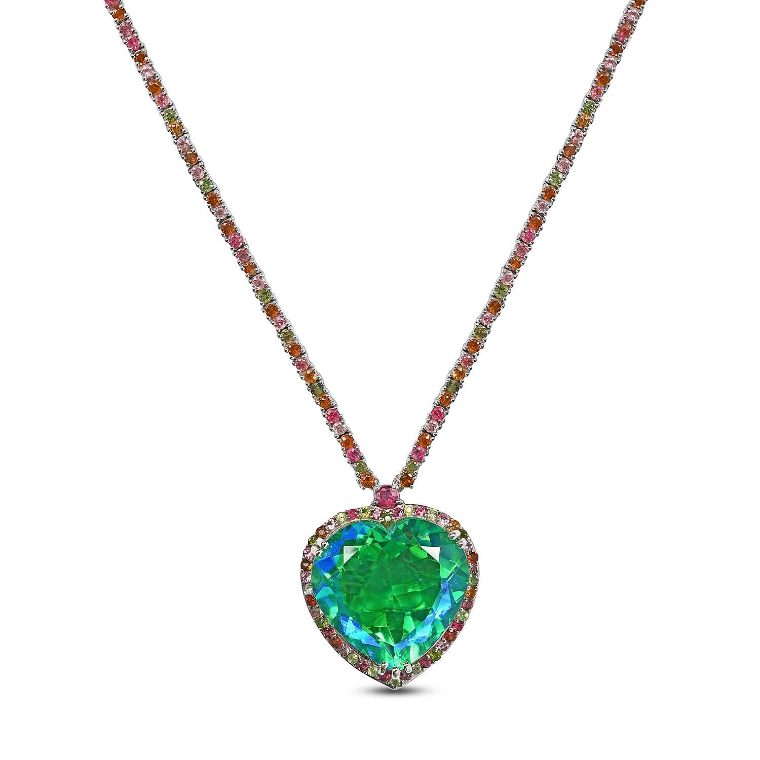 Peacock Triplet Quartz and Multi-Tourmaline Heart Necklace (Size - 18) in Platinum Overlay Sterling Silver 83.30 Ct, Silver Wt. 30.73 Gms