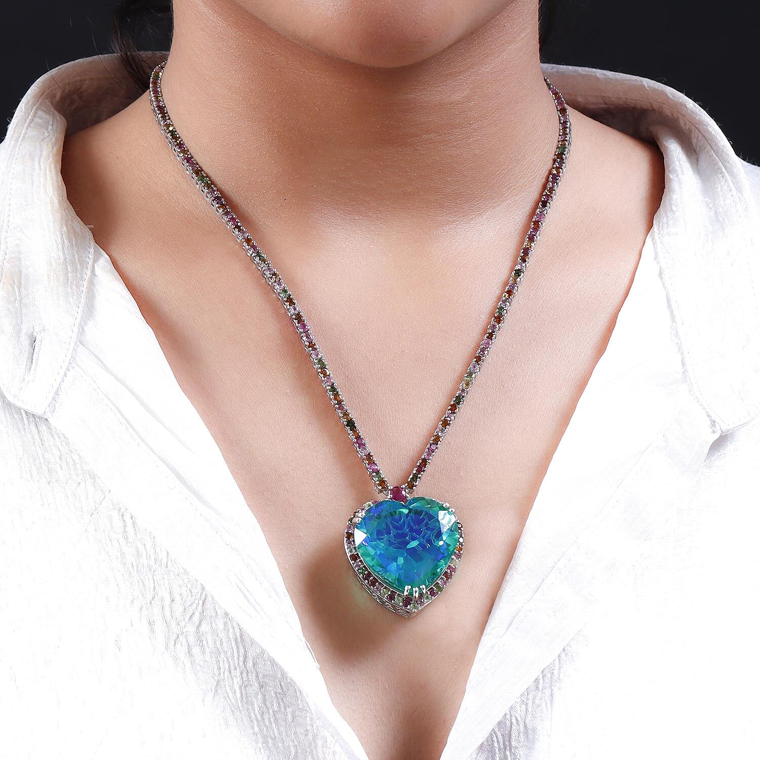 Peacock Triplet Quartz and Multi-Tourmaline Heart Necklace (Size - 18) in Platinum Overlay Sterling Silver 83.30 Ct, Silver Wt. 30.73 Gms