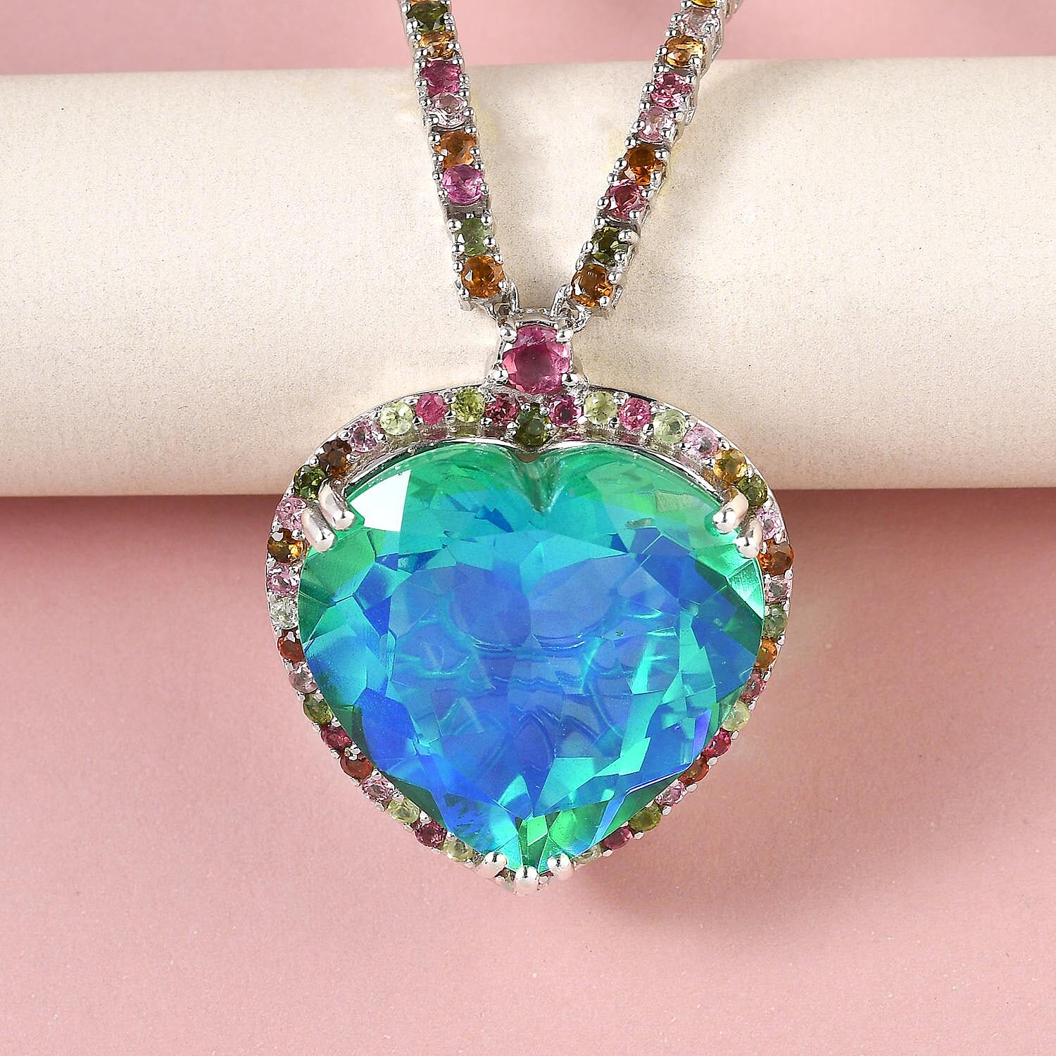 Peacock Triplet Quartz and Multi-Tourmaline Heart Necklace (Size - 18) in Platinum Overlay Sterling Silver 83.30 Ct, Silver Wt. 30.73 Gms