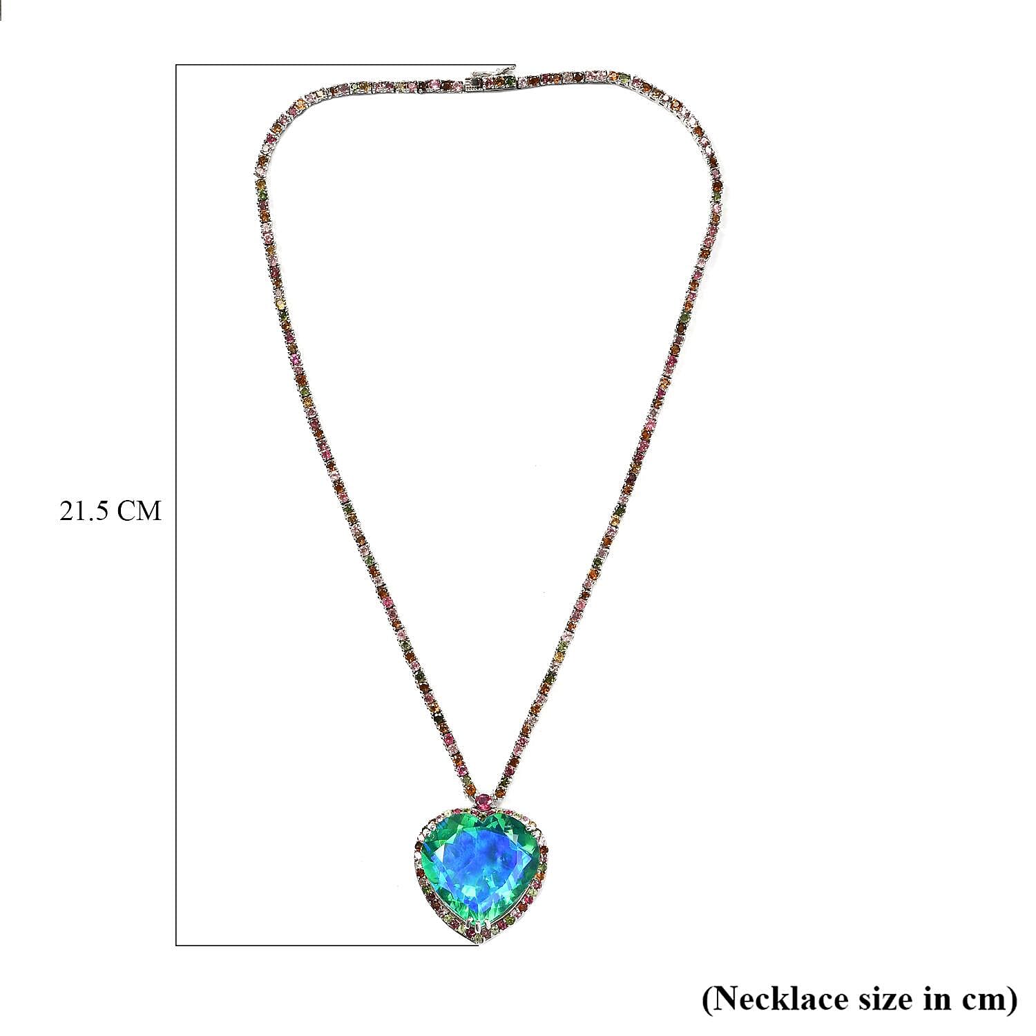Peacock Triplet Quartz and Multi-Tourmaline Heart Necklace (Size - 18) in Platinum Overlay Sterling Silver 83.30 Ct, Silver Wt. 30.73 Gms
