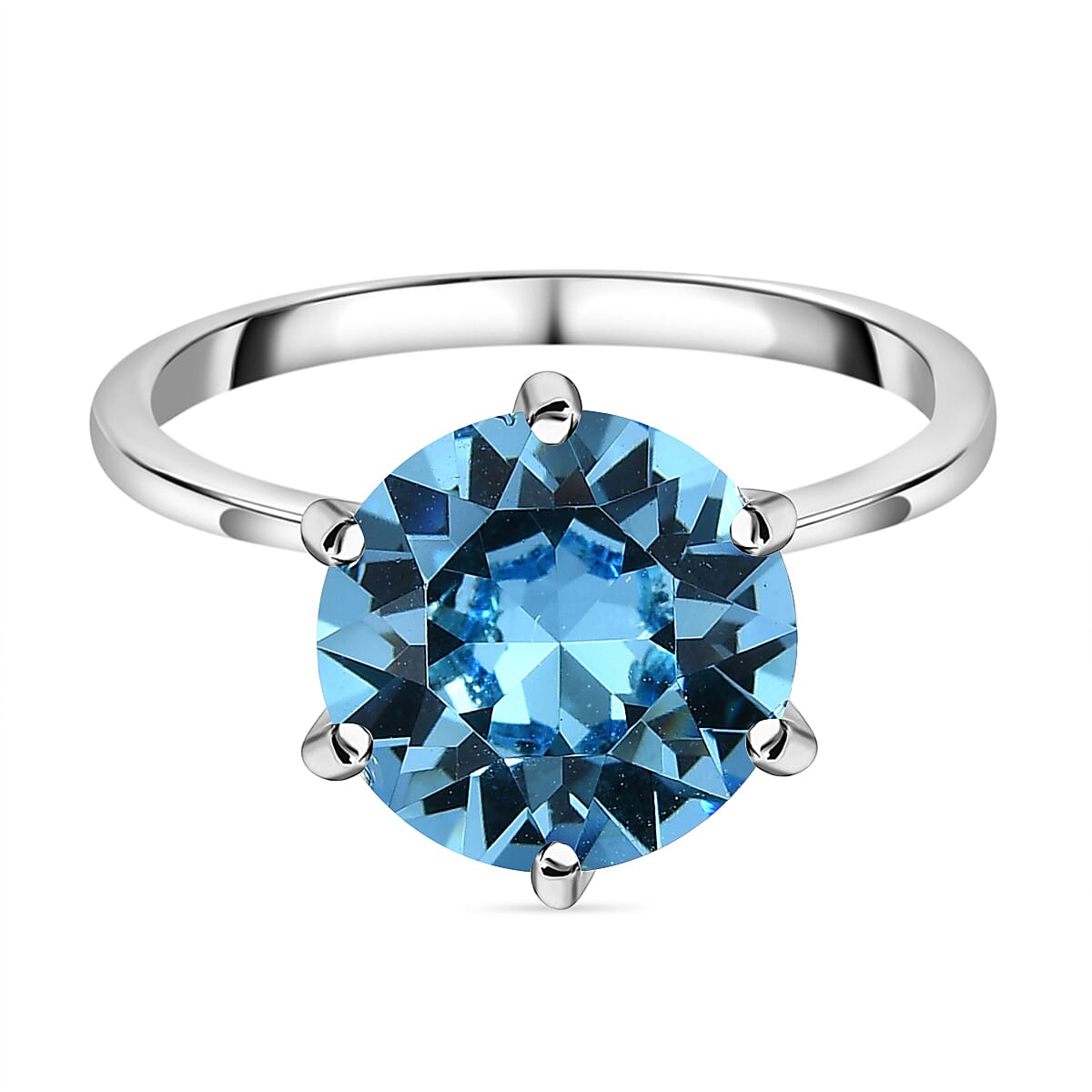 Aquamarine Crystal Solitaire Ring in Platinum Overlay Sterling Silver.