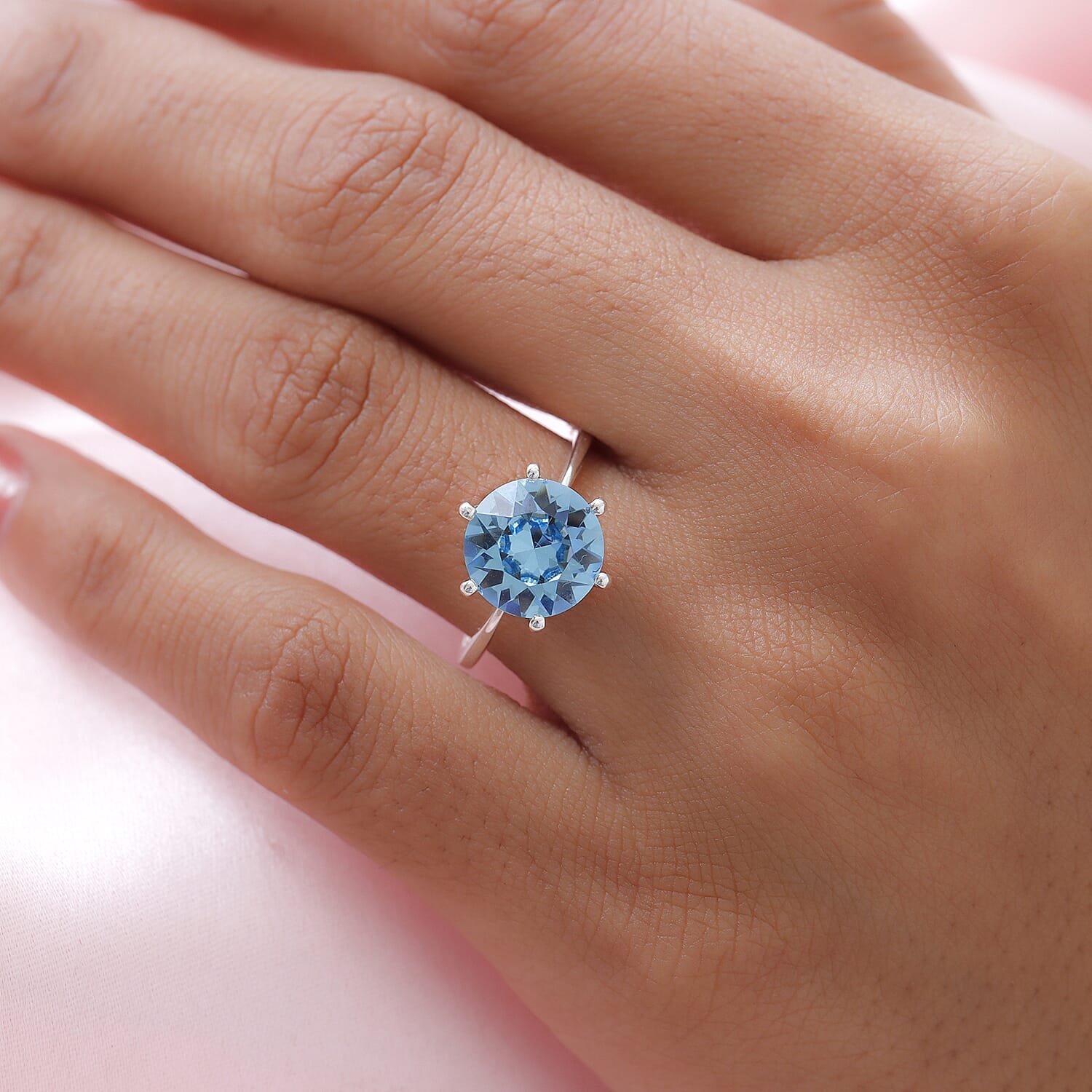 Aquamarine Crystal Solitaire Ring in Platinum Overlay Sterling Silver.