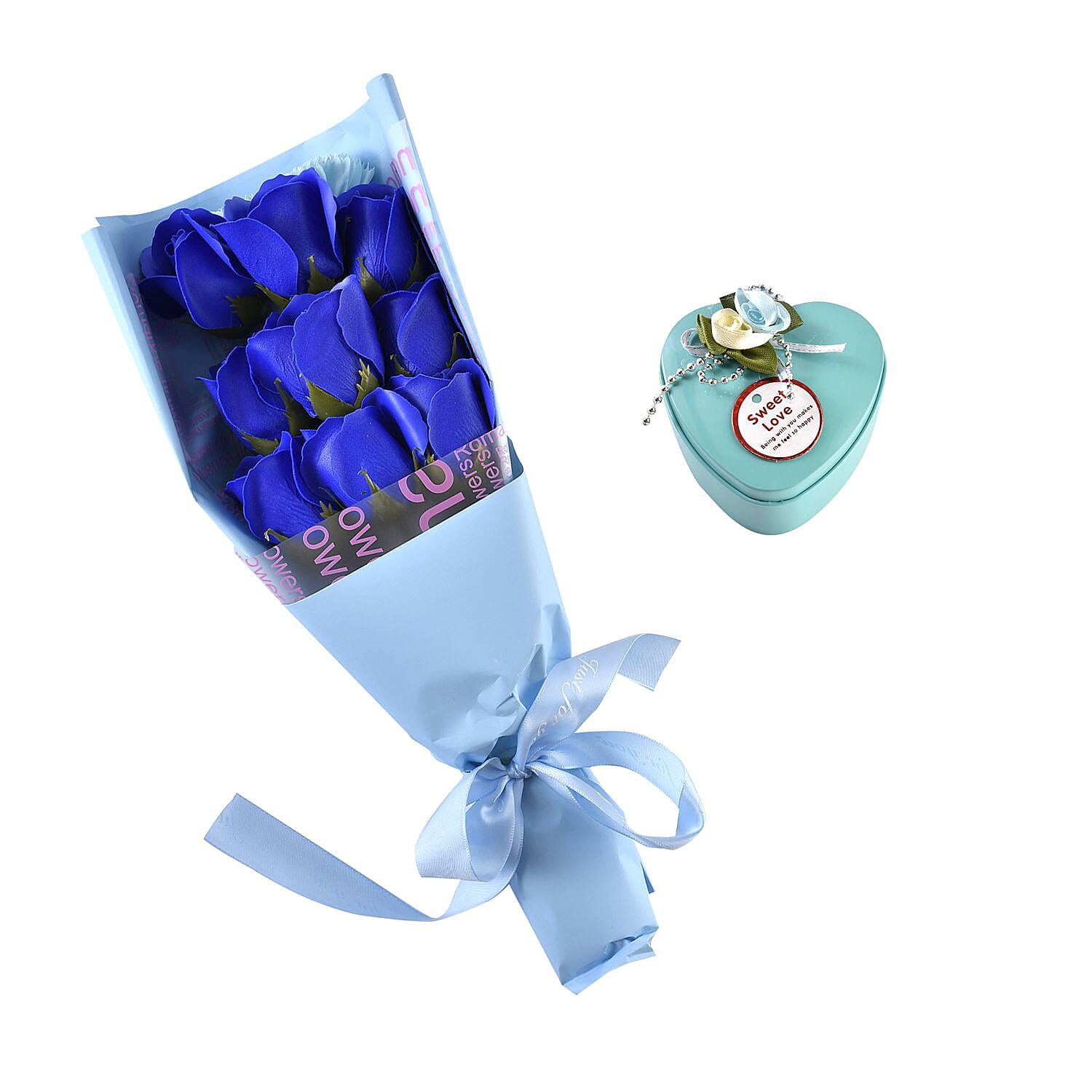 Hand or Bath Soap Flower Bouquet with 12 Flowers and Ring Box - Blue