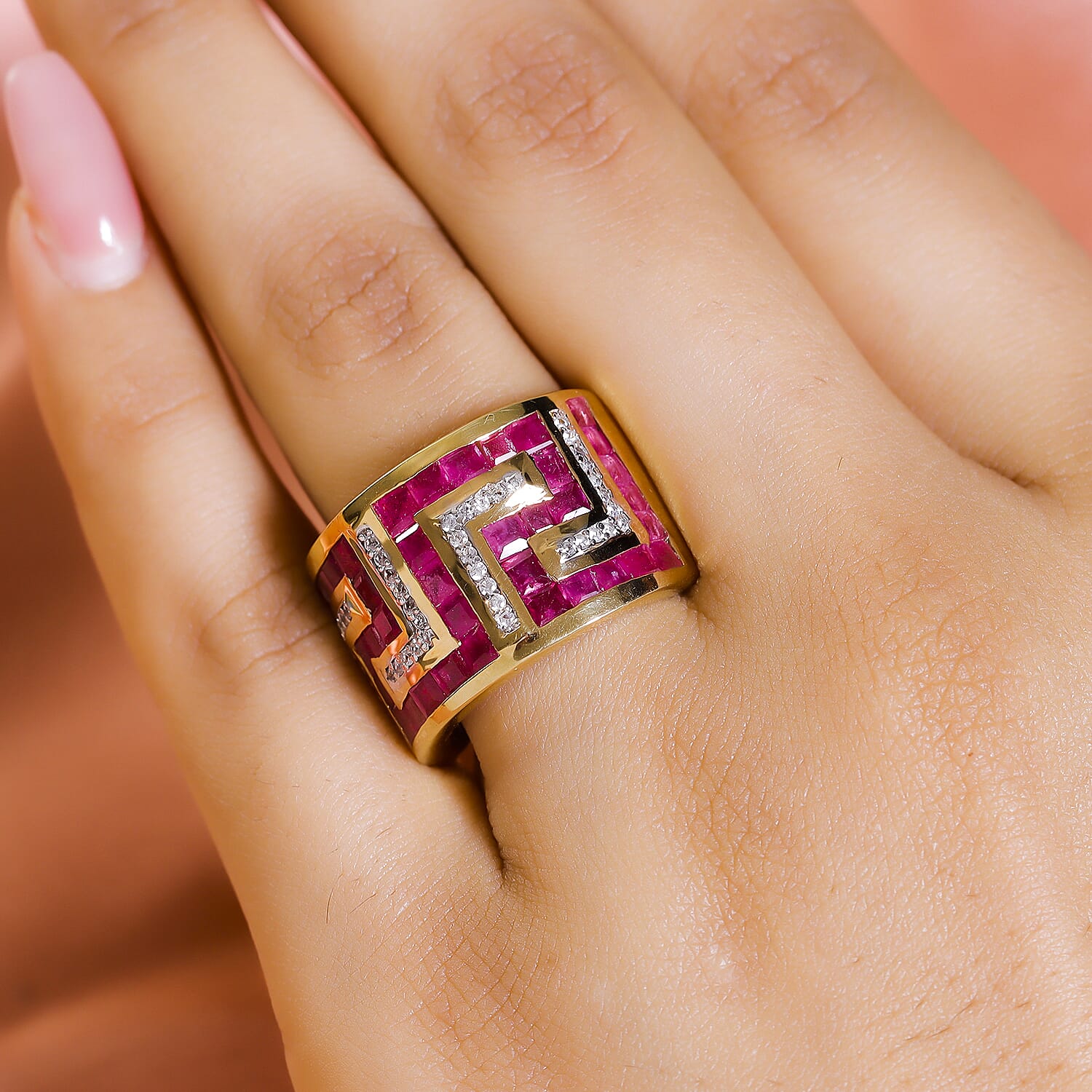 African Ruby and Natural Cambodian Zircon Greek Key Ring in 18K Vermeil Yellow Gold Plated Sterling Silver 6.24 Ct, Silver Wt. 8.10 Gms