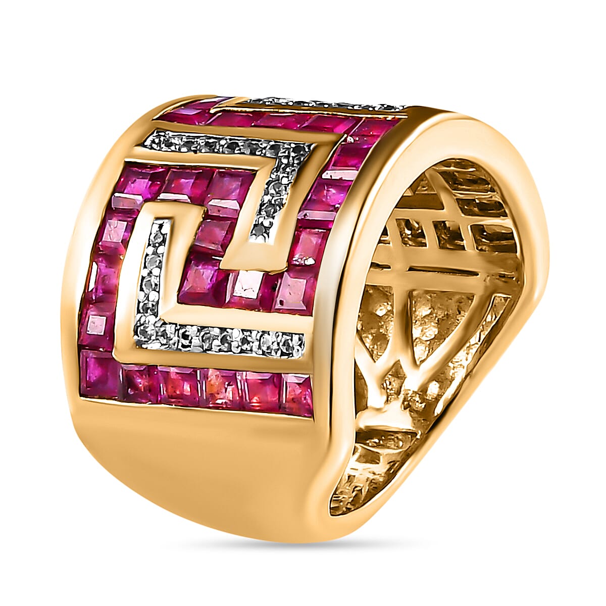 African Ruby and Natural Cambodian Zircon Greek Key Ring in 18K Vermeil Yellow Gold Plated Sterling Silver 6.24 Ct, Silver Wt. 8.10 Gms