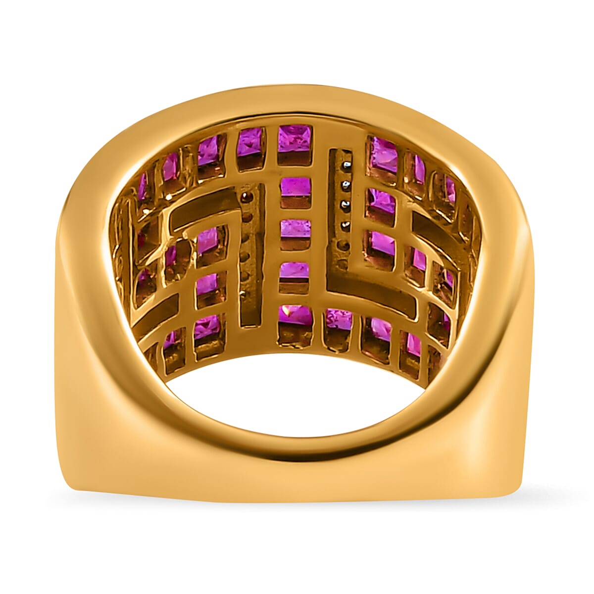 African Ruby and Natural Cambodian Zircon Greek Key Ring in 18K Vermeil Yellow Gold Plated Sterling Silver 6.24 Ct, Silver Wt. 8.10 Gms