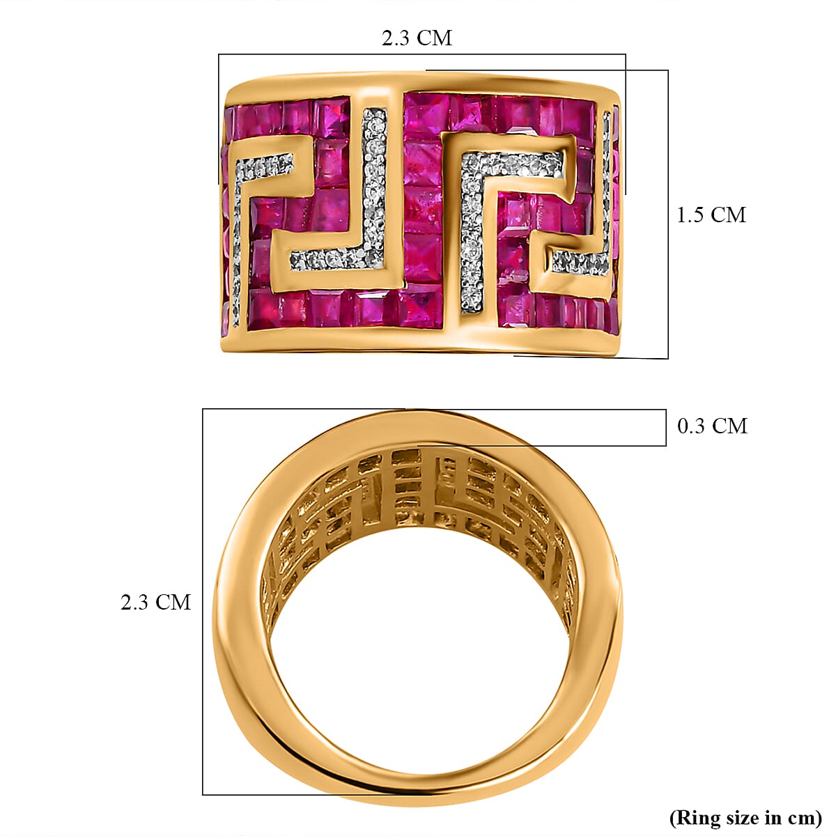 African Ruby and Natural Cambodian Zircon Greek Key Ring in 18K Vermeil Yellow Gold Plated Sterling Silver 6.24 Ct, Silver Wt. 8.10 Gms