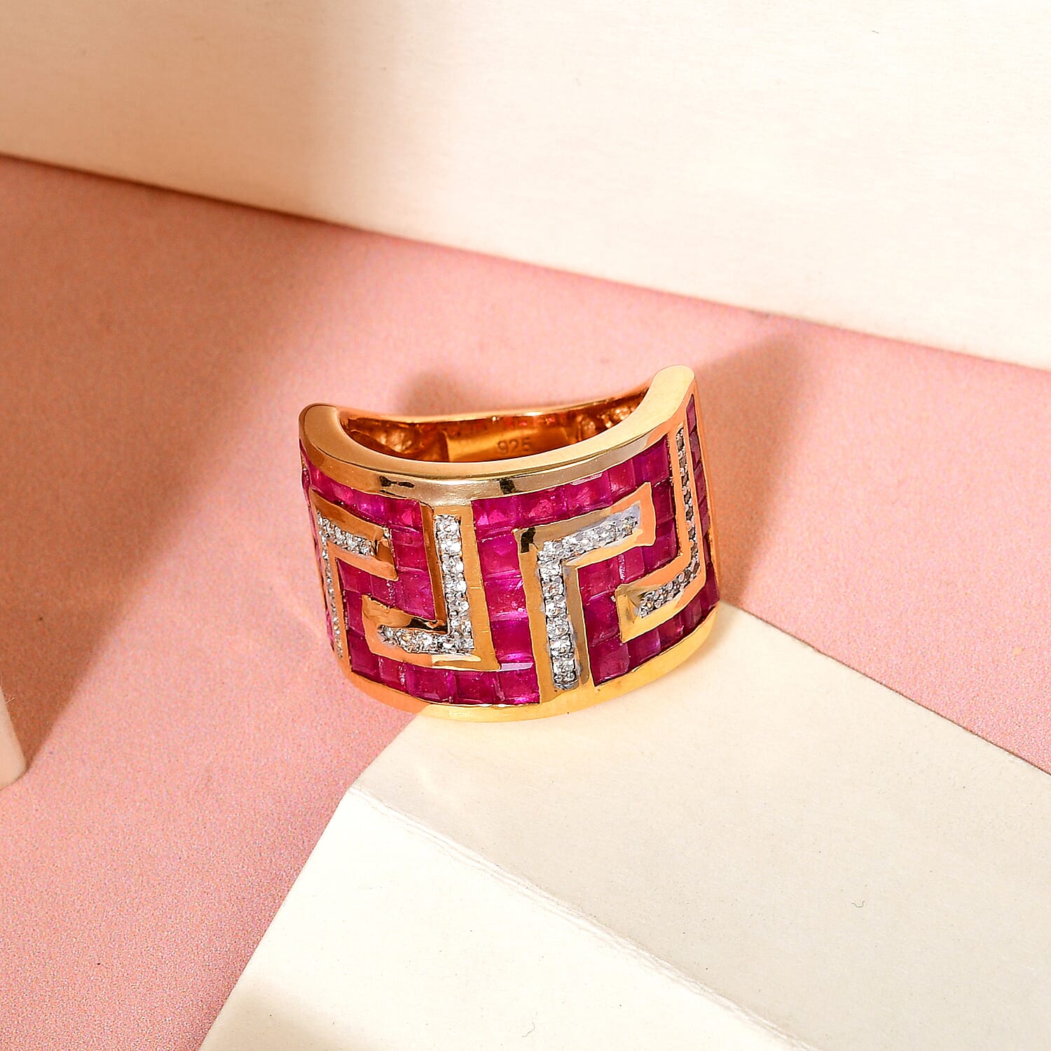 African Ruby and Natural Cambodian Zircon Greek Key Ring in 18K Vermeil Yellow Gold Plated Sterling Silver 6.24 Ct, Silver Wt. 8.10 Gms