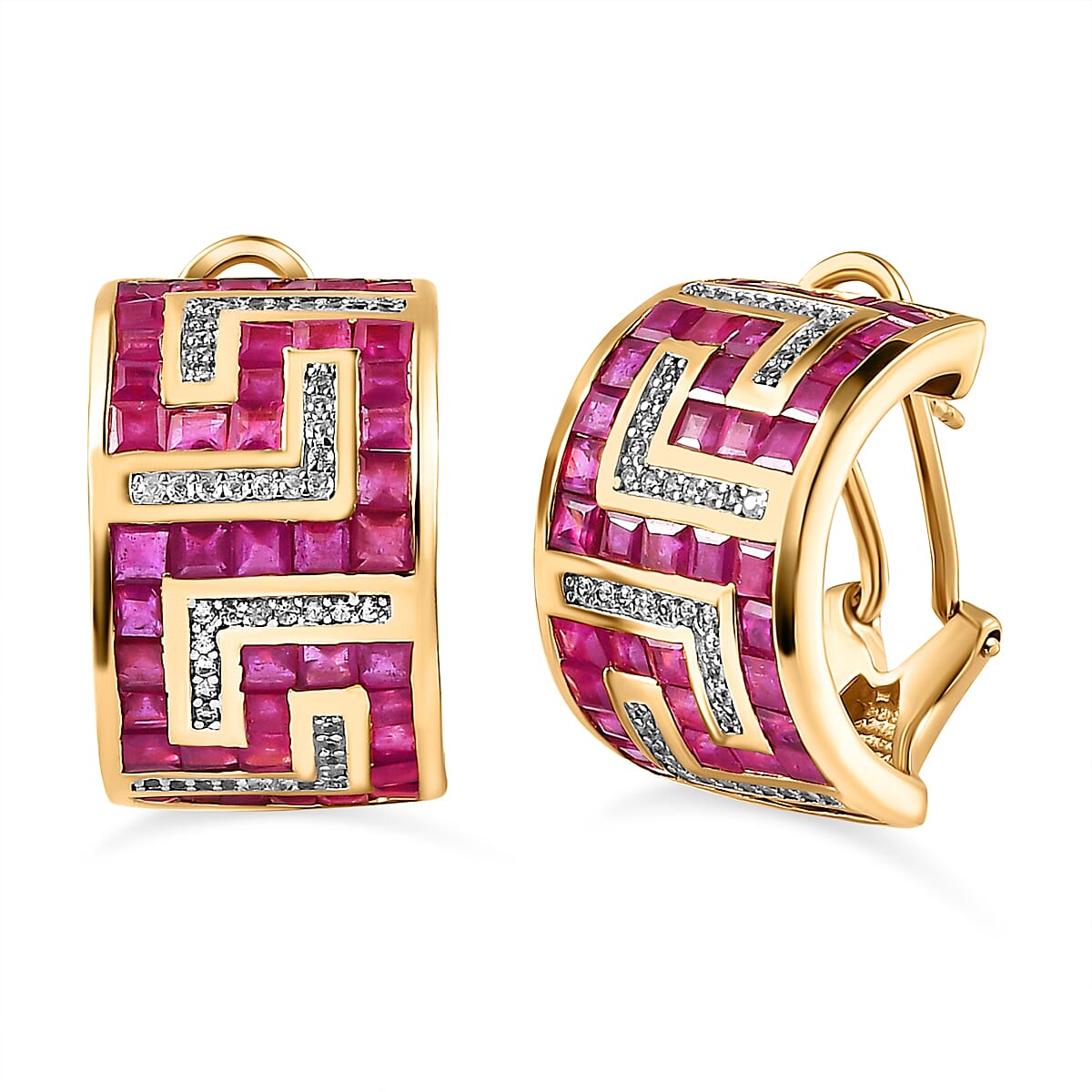 African Ruby and Natural Cambodian Zircon Greek Key Earrings (With French Clasp) in 18K Vermeil Yellow Gold Plated Sterling Silver 13.81 Ct, Silver Wt. 12.80 Gms