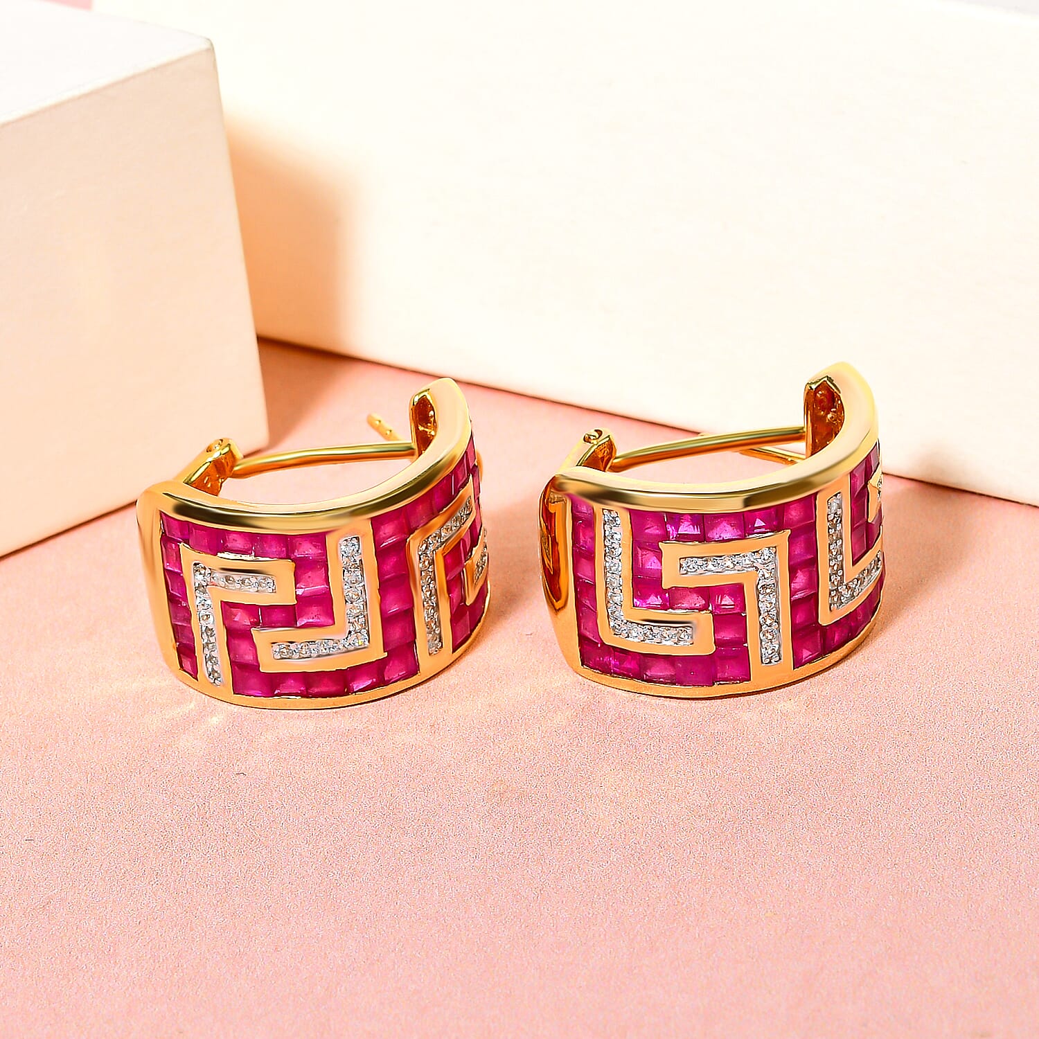 African Ruby and Natural Cambodian Zircon Greek Key Earrings (With French Clasp) in 18K Vermeil Yellow Gold Plated Sterling Silver 13.81 Ct, Silver Wt. 12.80 Gms