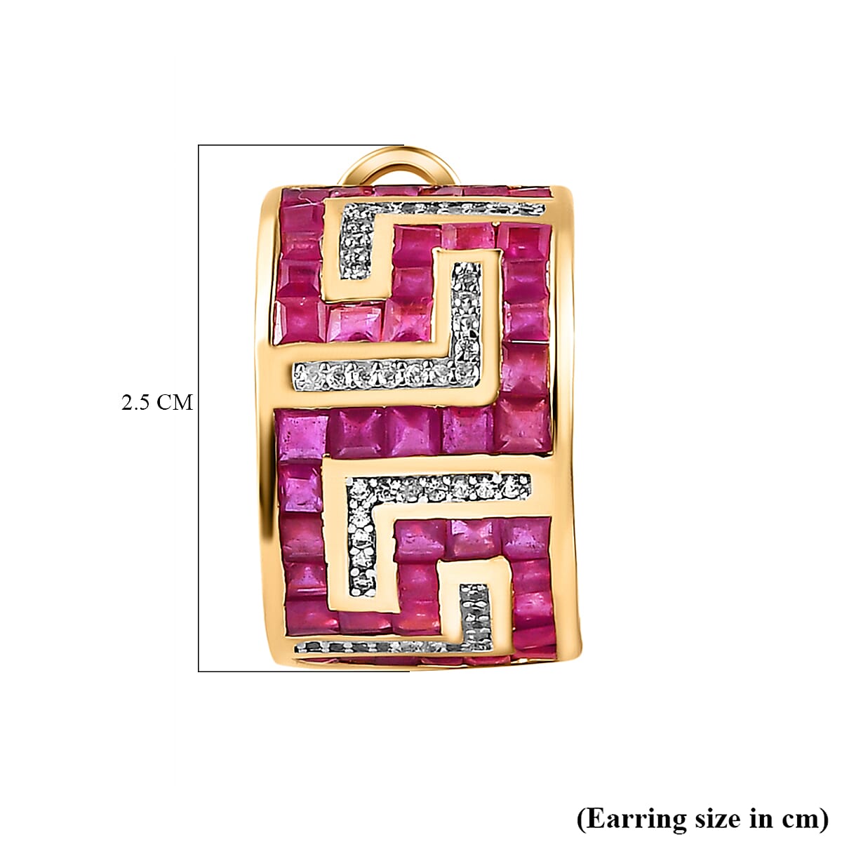 African Ruby and Natural Cambodian Zircon Greek Key Earrings (With French Clasp) in 18K Vermeil Yellow Gold Plated Sterling Silver 13.81 Ct, Silver Wt. 12.80 Gms