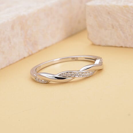 Simulated Diamond Spiral Ring in Rhodium Overlay Sterling Silver