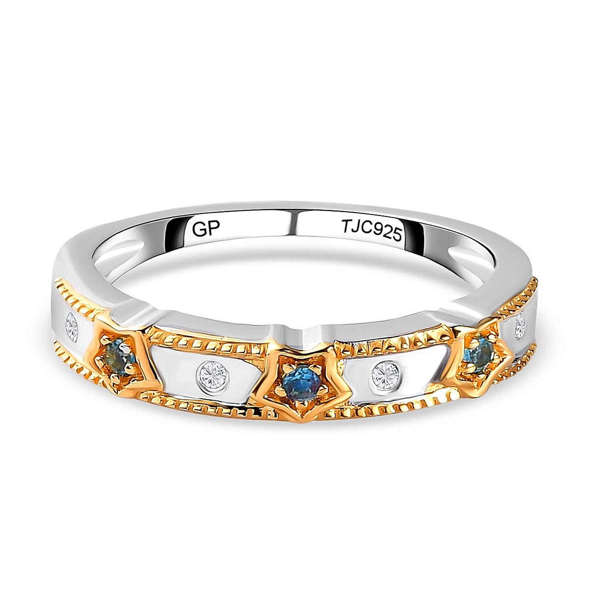 GP Celestial Dream Collection - Blue Topaz and Natural Cambodian Zircon Band Ring in Platinum Overlay and 18K Vermeil Plated Sterling Silver