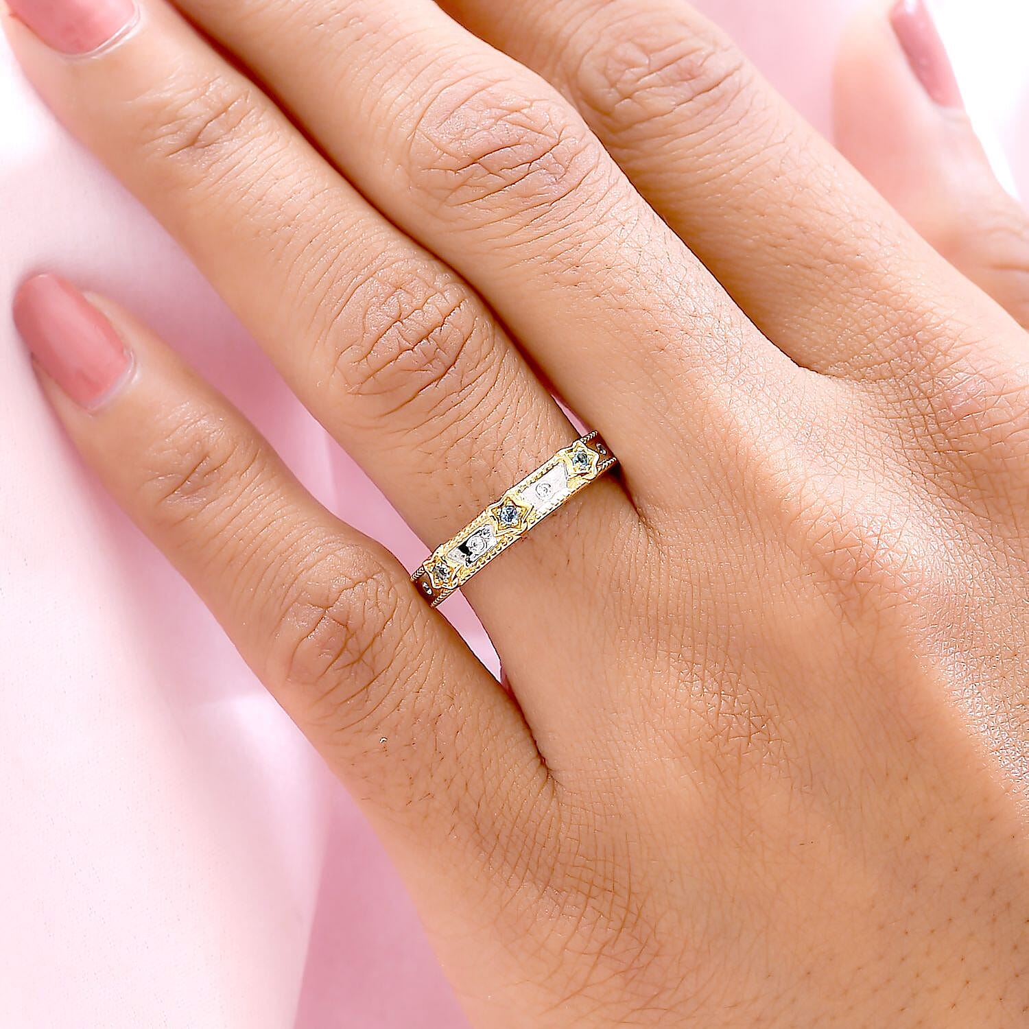 GP Celestial Dream Collection - Blue Topaz and Natural Cambodian Zircon Band Ring in Platinum Overlay and 18K Vermeil Plated Sterling Silver