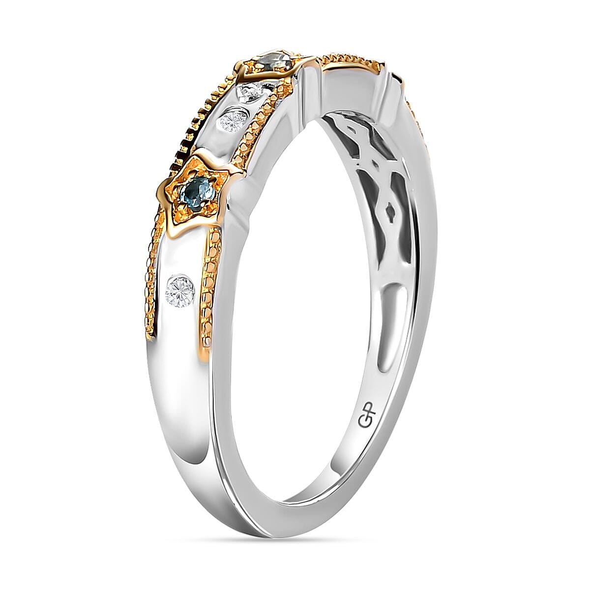 GP Celestial Dream Collection - Blue Topaz and Natural Cambodian Zircon Band Ring in Platinum Overlay and 18K Vermeil Plated Sterling Silver