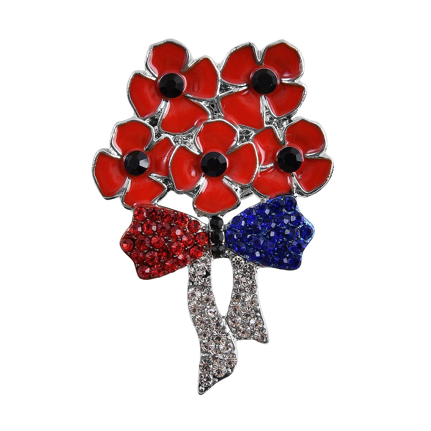 Multi Colour Austrian Crystal Bouquet of Poppy Flowers Brooch With Magnetic Lock in Yellow Gold Tone With Enamelling.