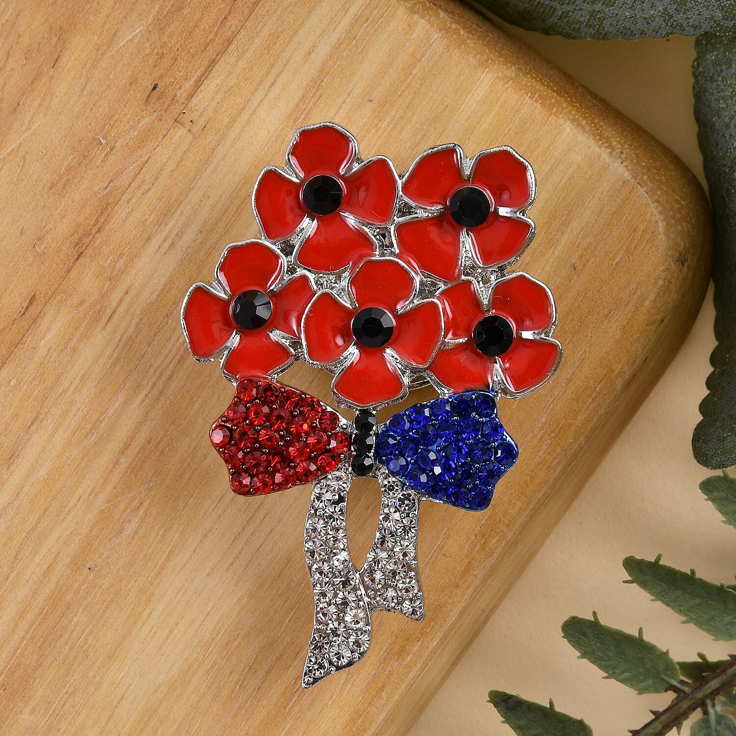 Multi Colour Austrian Crystal Bouquet of Poppy Flowers Brooch With Magnetic Lock in Yellow Gold Tone With Enamelling.