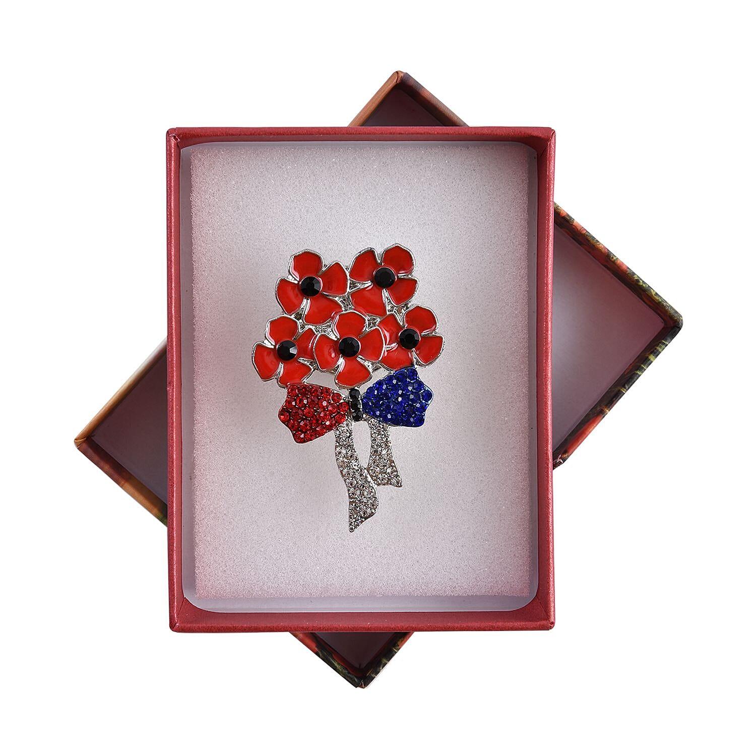 Multi Colour Austrian Crystal Bouquet of Poppy Flowers Brooch With Magnetic Lock in Yellow Gold Tone With Enamelling.