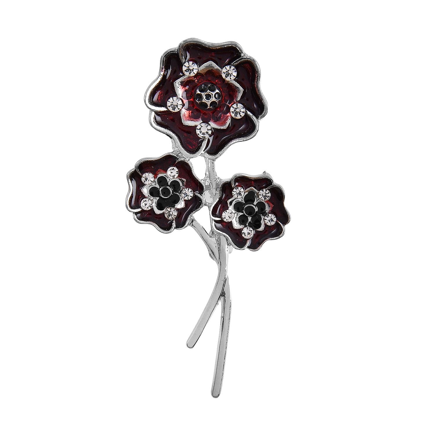 White Austrian Crystal Poppy Flower Brooch (with Enamelled) in Silver Tone