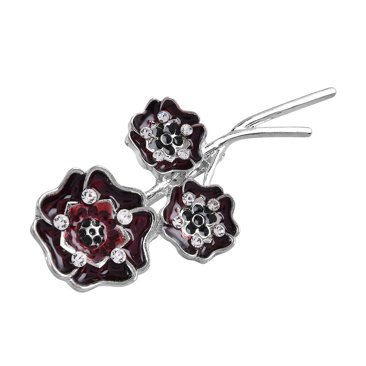 White Austrian Crystal Poppy Flower Brooch (with Enamelled) in Silver Tone