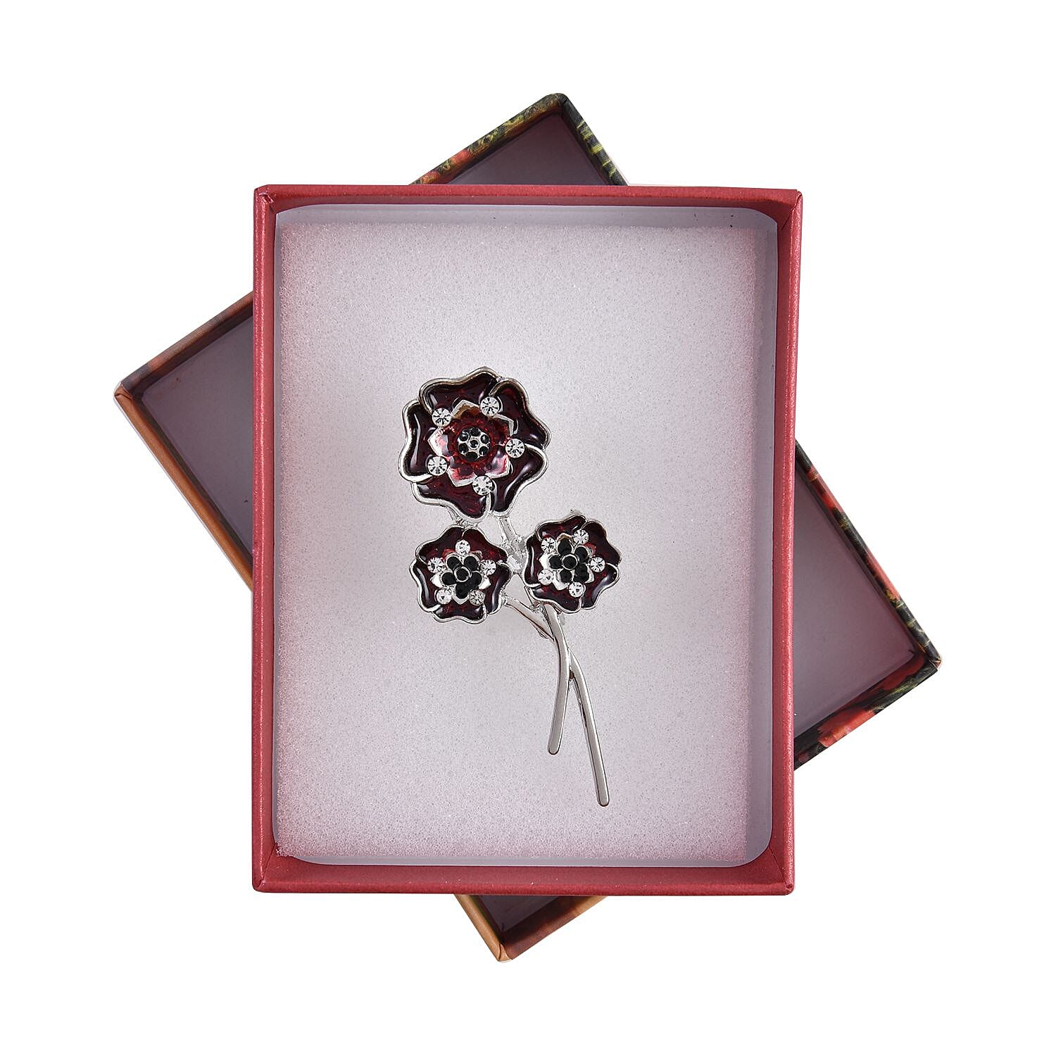 White Austrian Crystal Poppy Flower Brooch (with Enamelled) in Silver Tone