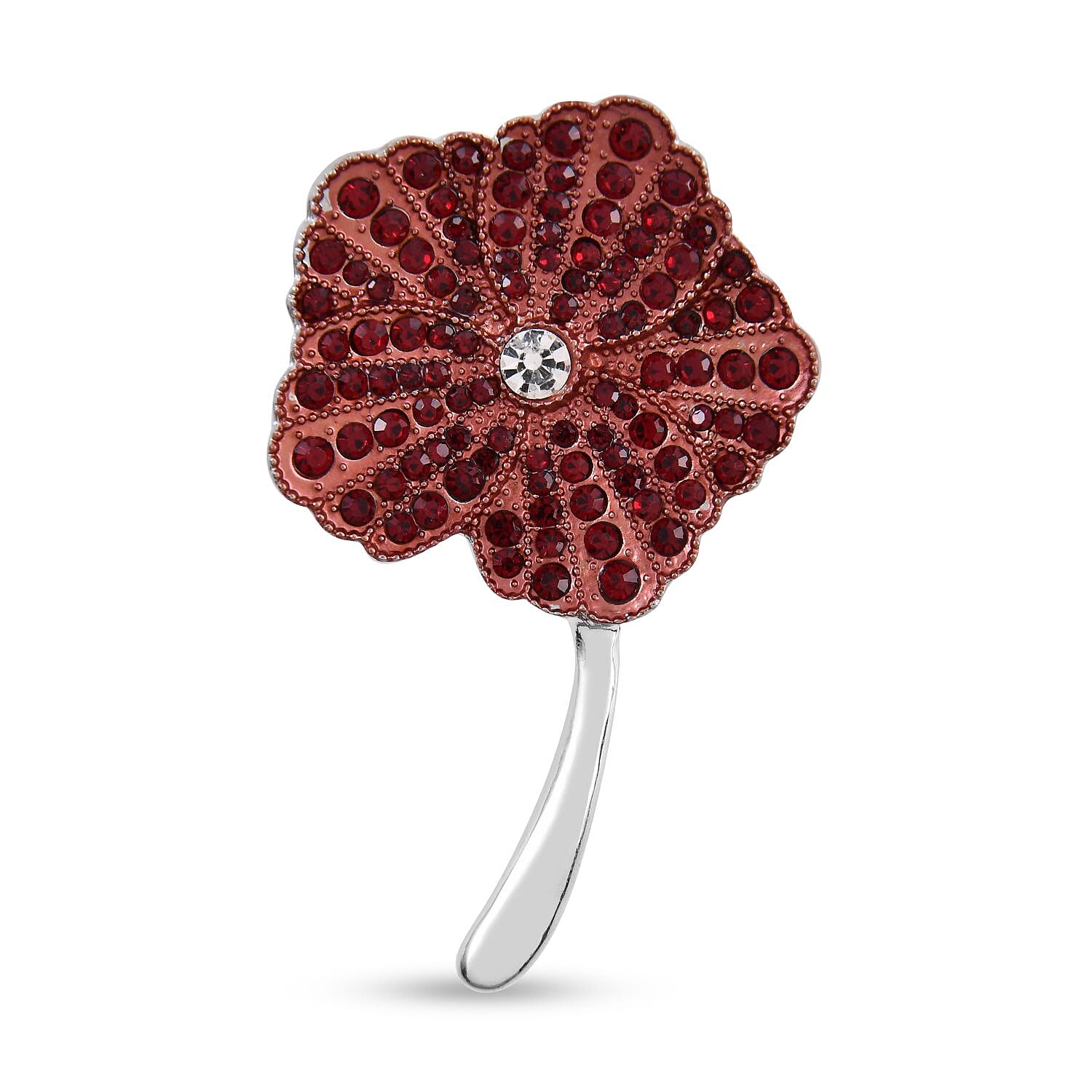 White Austrian Crystal and Red Austrian Crystal Poppy Flower Brooch (With Magnetic) Lock in Silver Tone