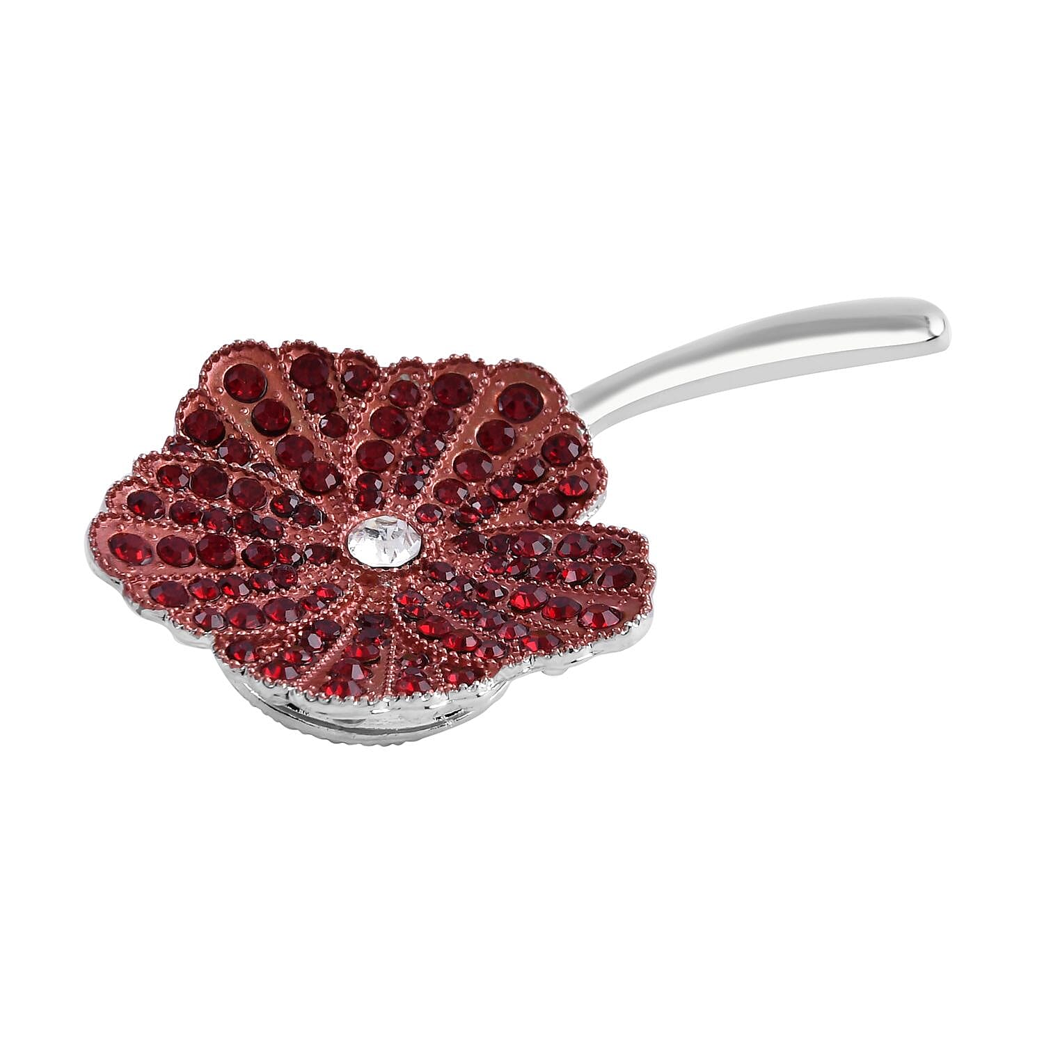 White Austrian Crystal and Red Austrian Crystal Poppy Flower Brooch (With Magnetic) Lock in Silver Tone