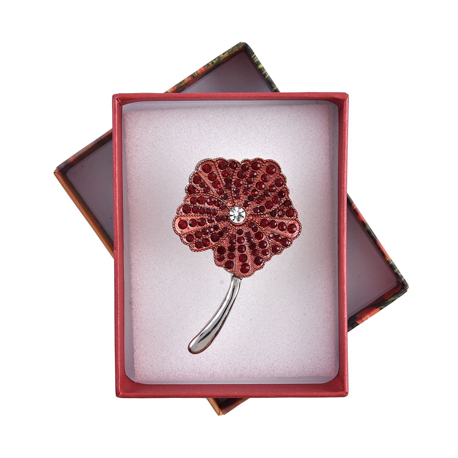 White Austrian Crystal and Red Austrian Crystal Poppy Flower Brooch (With Magnetic) Lock in Silver Tone