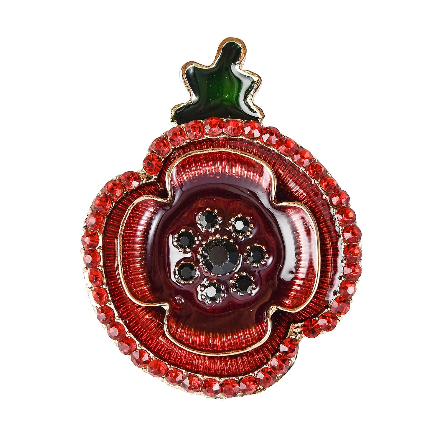Black Austrian Crystal and Red Austrian Crystal Flower Magnetic Brooch ( With Enamelled) in Gold Tone