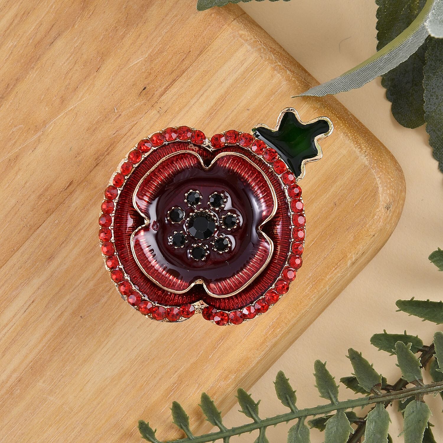 Black Austrian Crystal and Red Austrian Crystal Flower Magnetic Brooch ( With Enamelled) in Gold Tone