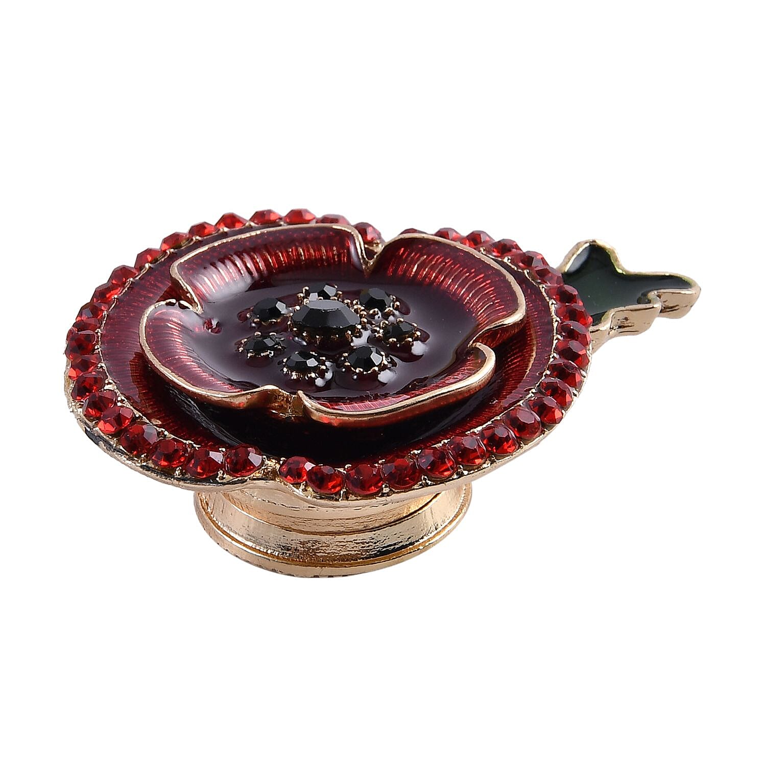 Black Austrian Crystal and Red Austrian Crystal Flower Magnetic Brooch ( With Enamelled) in Gold Tone