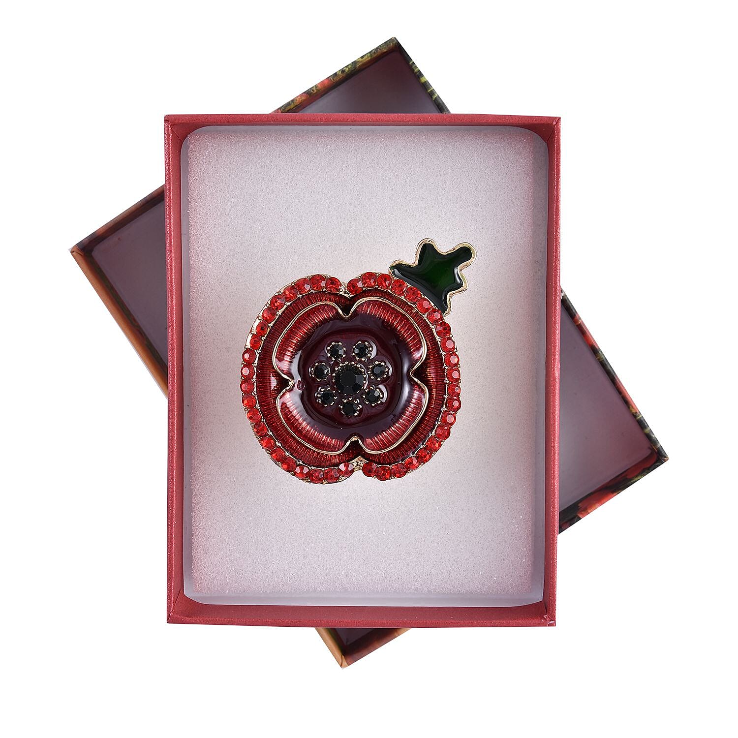 Black Austrian Crystal and Red Austrian Crystal Flower Magnetic Brooch ( With Enamelled) in Gold Tone