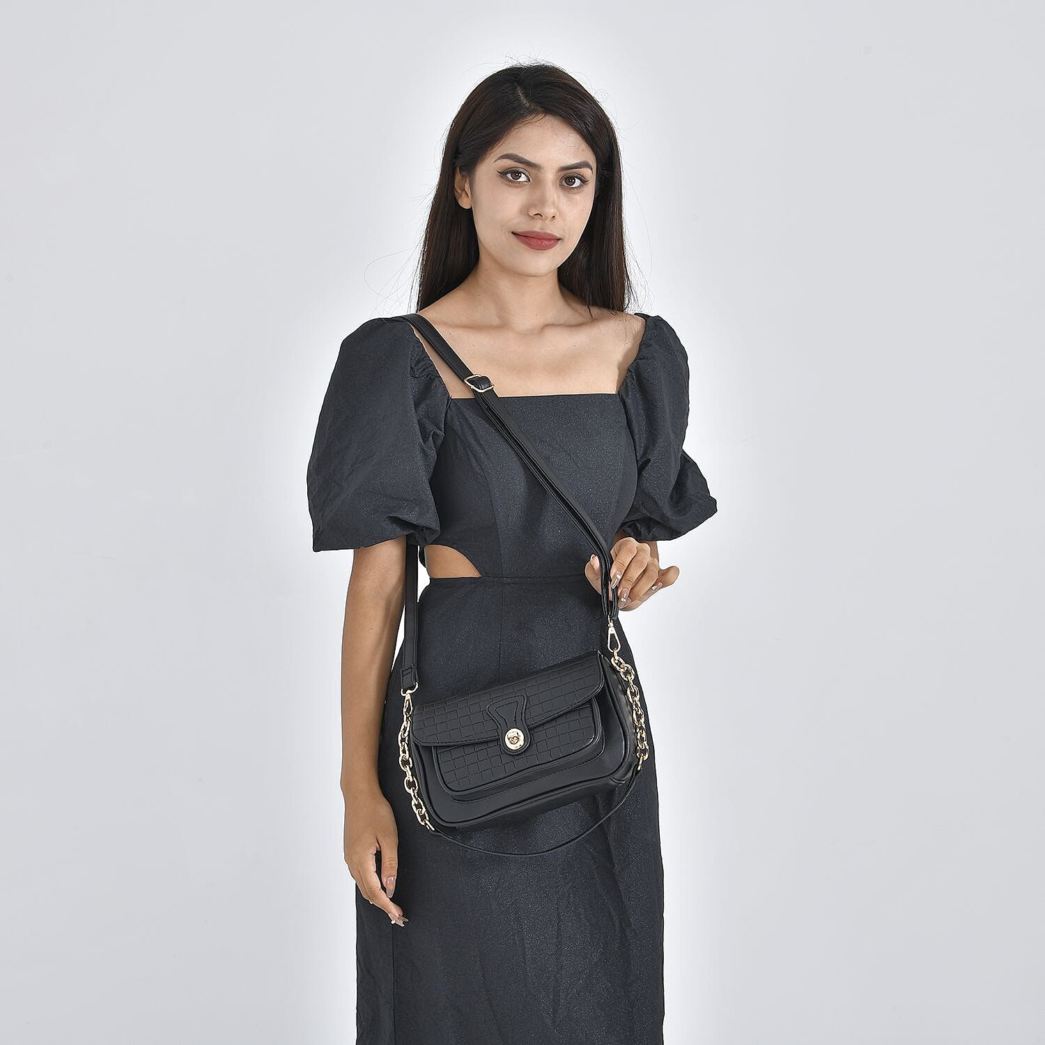 PU Check Crossbody Bag - Black