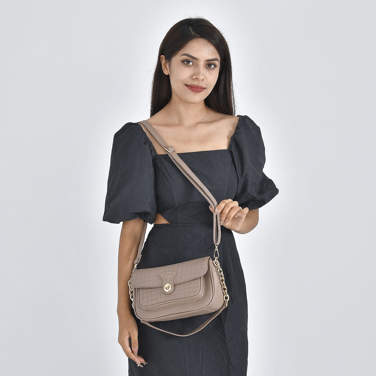 Check Pattern Crossbody Bag with Shoulder Strap (Size 24x8x16 Cm) - Brown