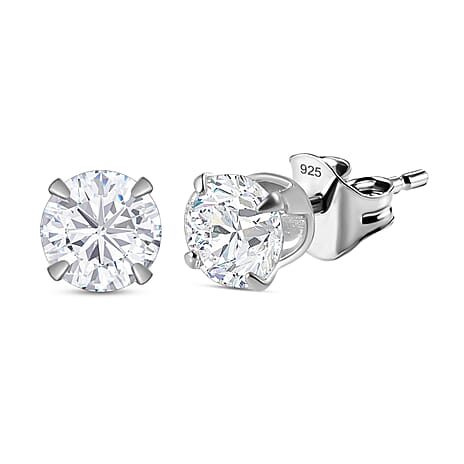 Moissanite Stud Earrings (With Push Back) in Platinum Overlay Sterling Silver