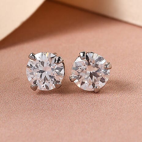 Moissanite Stud Earrings (With Push Back) in Platinum Overlay Sterling Silver