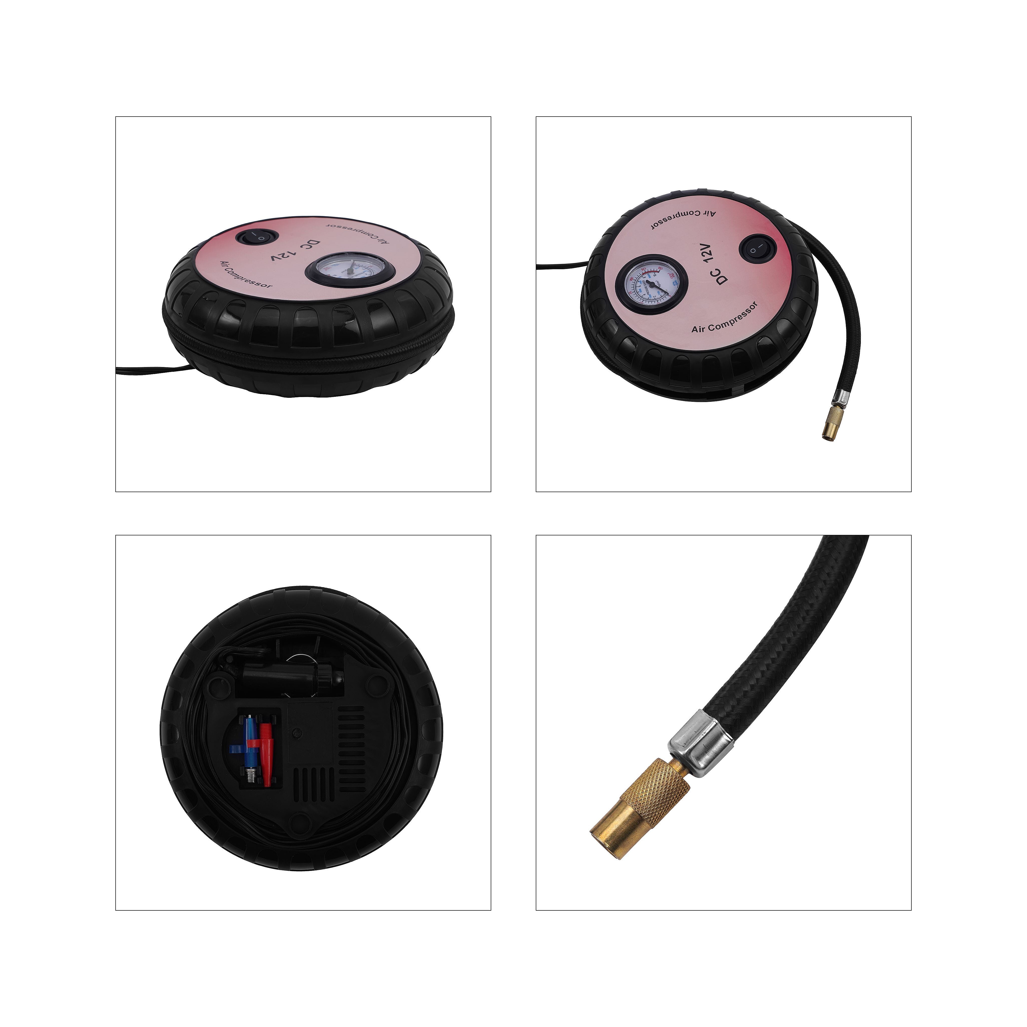 Portable Air Compressor Tire Inflator with Pressure Gauge Car (Size 17x17x7 Cm) - Red & Black